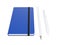 Blue moleskine or notebook with pen and pencil and a black strap front or top view isolated on a white background 3d rendering