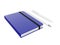 Blue moleskine or notebook with pen and pencil and a black strap front or top view isolated on a white background 3d rendering