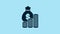 Blue Money bag and coin icon isolated on blue background. Dollar or USD symbol. Cash Banking currency sign. 4K Video
