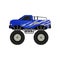 Blue monster pickup truck. Car with large tires, black tinted windows and silver wrap decal. Flat vector icon
