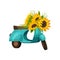 Blue moped with sunflower flowers. Vector illustration on white background.