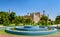 The blue mosaic fountain at Registan Square in Samarkand, Uzbekistan