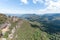 Blue Mountains in Sydney, Australia. Cloudy Blue Sky and Shadows. Three Sisters on Left. Wide Angle