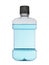 Blue mouthwash lotion in a clear plastic bottle with a black lid. Isolated on a white background