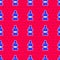 Blue Mouthwash plastic bottle icon isolated seamless pattern on red background. Liquid for rinsing mouth. Oralcare