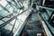 Blue moving escalator in the airport hall perspective view