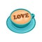 Blue mug of coffee with drawing of word Love on foam of cinnamon powder. Latte art. Delicious drink. Flat vector icon