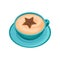 Blue mug of coffee with star drawing on foam of cinnamon powder. Latte art. Cup of fresh cappuccino Flat vector icon