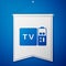 Blue Multimedia and TV box receiver and player with remote controller icon isolated on blue background. White pennant