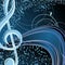 Blue music floral background: melody, notes, key, swirly.