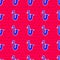 Blue Musical instrument saxophone icon isolated seamless pattern on red background. Vector