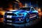 Blue Mustang Shelby Driving Down Town Created With Generative AI Technology