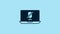 Blue Mute microphone on laptop icon isolated on blue background. Microphone audio muted. 4K Video motion graphic