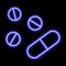 Blue neon contour of three tablets and capsule on a black background