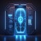 Blue neon gateway in future spaceship. Futuristic metal secret door, scanner, portail, future design concept. Cyberpunk