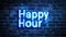 Blue neon Happy Hour sign on dark brick wall.