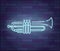 Blue neon light glowing trumpet.Wind musical instrument in blurred lighting.