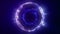 Blue neon sphere emits energy on black. Atom section, purple-blue-white light smooth rays circle. Science background, phosphorus