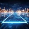 Blue neon squares brilliance on calm water in 3D render