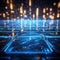 Blue neon squares brilliance on calm water in 3D render
