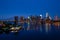 Blue New York panorama with Lower Manhattan and Brooklyn bridge