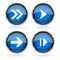 Blue Next buttons with chrome frame. Round glass shiny 3d icons with arrows