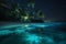 blue night paradise beach sky ocean palm tropical tree vacation luminous. Generative AI.