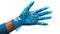 Blue nitrile glove on a healthcare professional& x27;s hand.