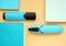 Blue notepads and markers on an orange surface. Top view  of office supply