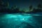 blue ocean tree paradise vacation tropical palm beach luminous sky night. Generative AI.
