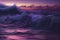 Blue ocean wave with purple sunset sky background. 3D Rendering