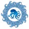 Blue octopus silhouette in waved frame.
