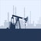 Blue oil pump jack silhouette and factory view. Petroleum industry. Vector template for web, infographics or interface design. Oil