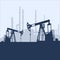 Blue oil pump jack silhouette and factory view. Petroleum industry. Vector template for web, infographics or interface design. Oil