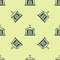 Blue Old crypt icon isolated seamless pattern on yellow background. Cemetery symbol. Ossuary or crypt for burial of