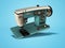 Blue old electric sewing machine falls on the floor 3d render on blue background with shadow