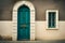 Blue old vintage wooden victorian european front door or back door and a window as a backdrop or background design element