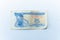 A blue old yellow banknotes of Ukraine. Money. Karbovanets