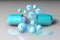 Blue open capsule and mineral ferrum pills. Mineral and vitamin complex. Healthy life concept. 3d illustration