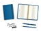 Blue open and closed copybook template with elastic band and bookmark. Realistic stationery cerulean blue pen and pencil.