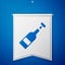 Blue Opened bottle of wine icon isolated on blue background. White pennant template. Vector Illustration