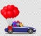 Blue opened cabriolet car full of gifts with balloons