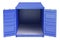 Blue opened empty cargo container, front view. 3D rendering