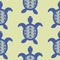 Blue openwork turtle seamless vector green pattern.