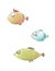 Blue, orange, green fish swim with funny emotions