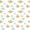 Blue, orange, green fish swim with funny emotions pattern