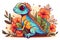 Blue and orange lizard sitting on top of lush green field of flowers. Generative AI