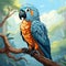 Blue and orange parrot sitting on tree branch in tropical forest