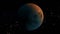 Blue orange planet orbiting in dark space against the background of meteorites.