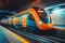 Blue and Orange Train Travelling Through Tunnel Generative AI